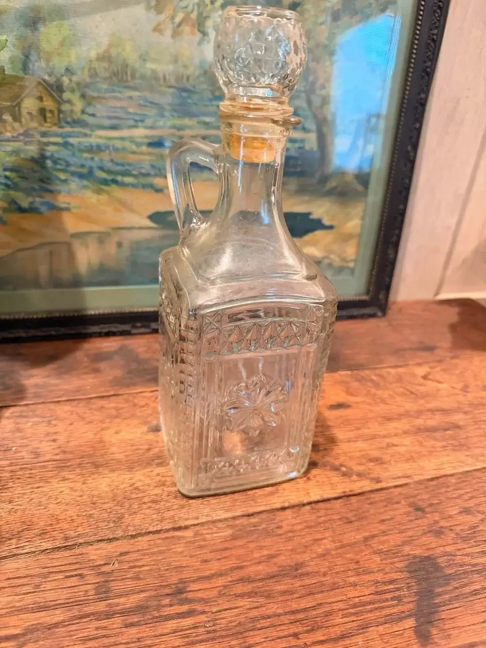 Vintage Pressed Glass Decanter Bottle with Handle and Stopper Grace Pattern
